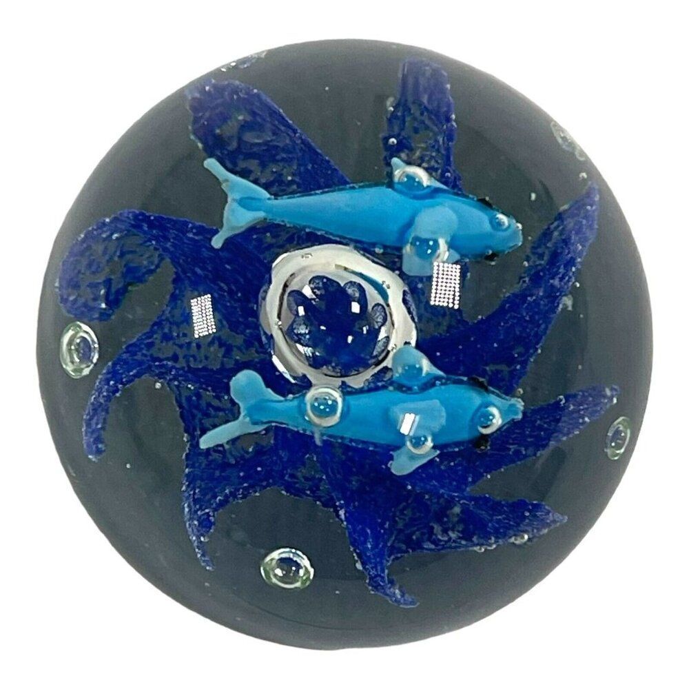 2 DOLPHIN Porpoise ART GLASS Waves Bubble Helix  Handmade Paperweight 3” Tall